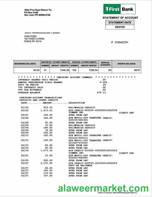 Puerto Rico 1 First Bank statement of account Word and PDF template